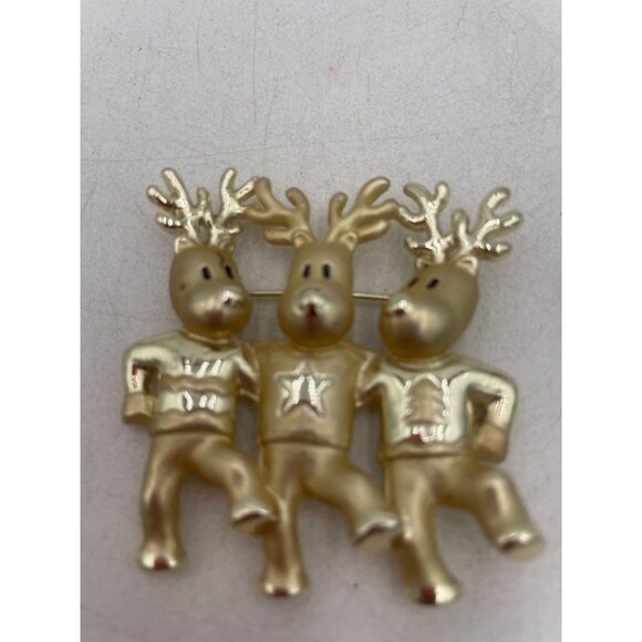 Gold-Tone Dancing Reindeer Brooch Pin Festive Design - Holiday Jewelry Accessory - Picture 4 of 4